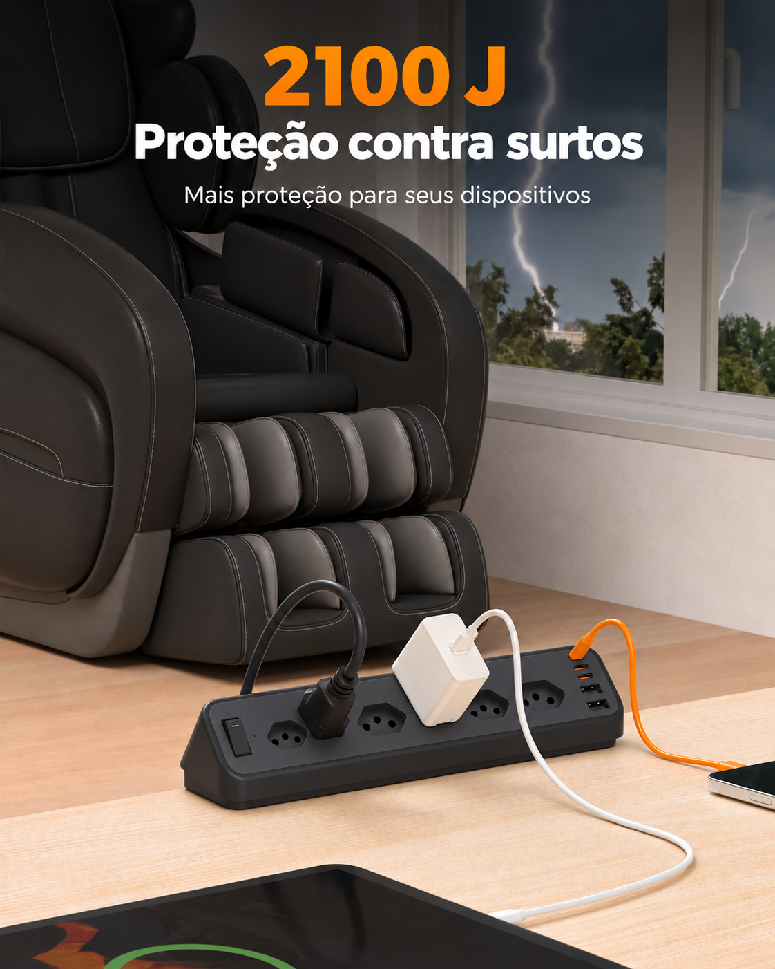 Régua MAXPOWER TESSAN com proteção contra surtos de 2.100 J ao lado de uma cadeira de massagem, com tempestade e raios pela janela