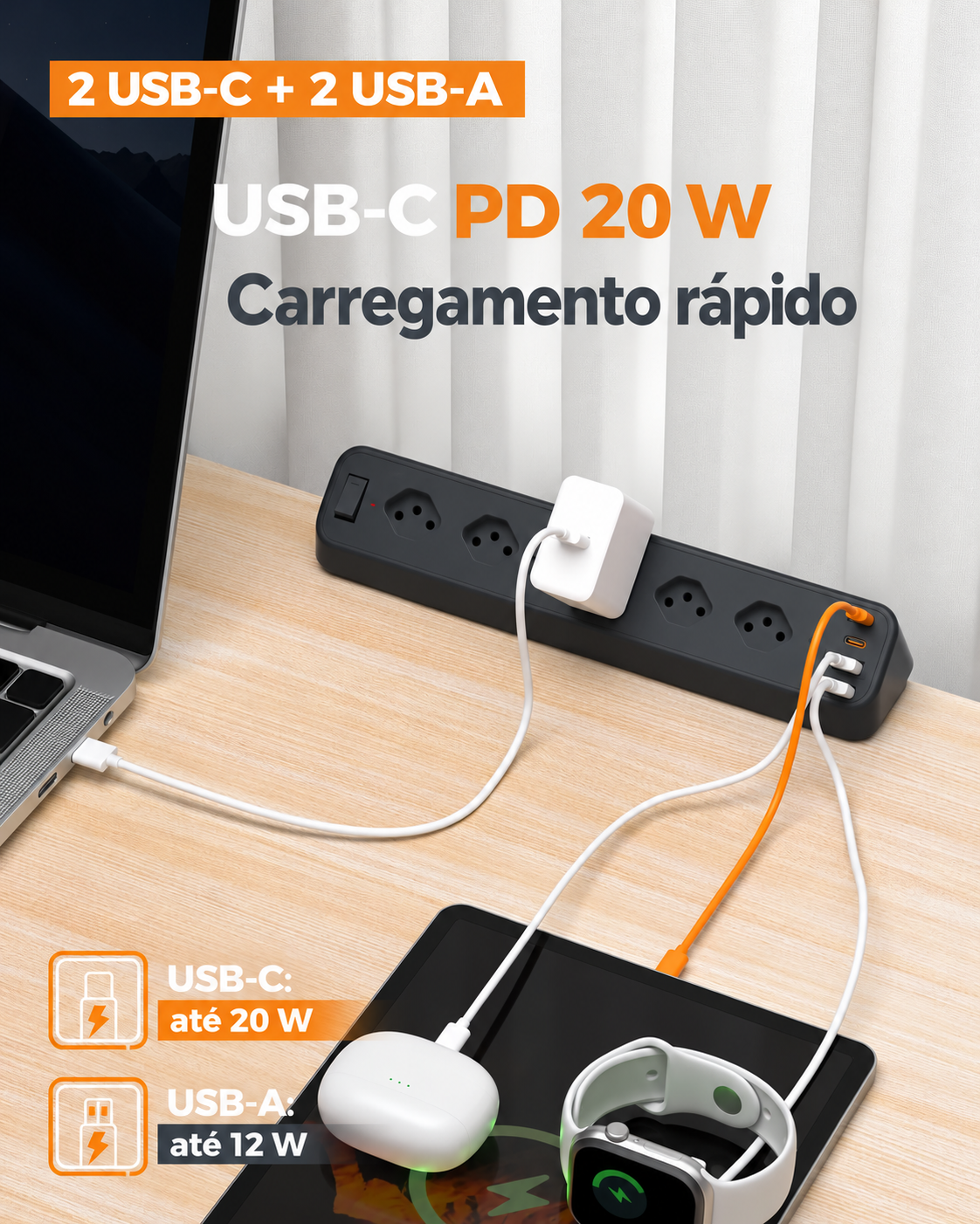 Régua MAXPOWER TESSAN carregando celular e acessórios pelas portas USB-C e USB-A