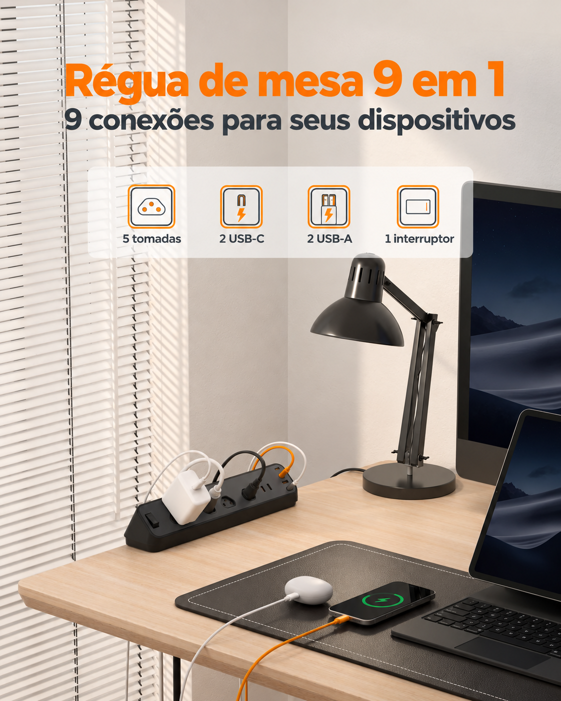 Régua MAXPOWER TESSAN na mesa de madeira com notebook, monitor, fones e celular carregando: 5 tomadas, 2 USB-C, 2 USB-A e 1 interruptor